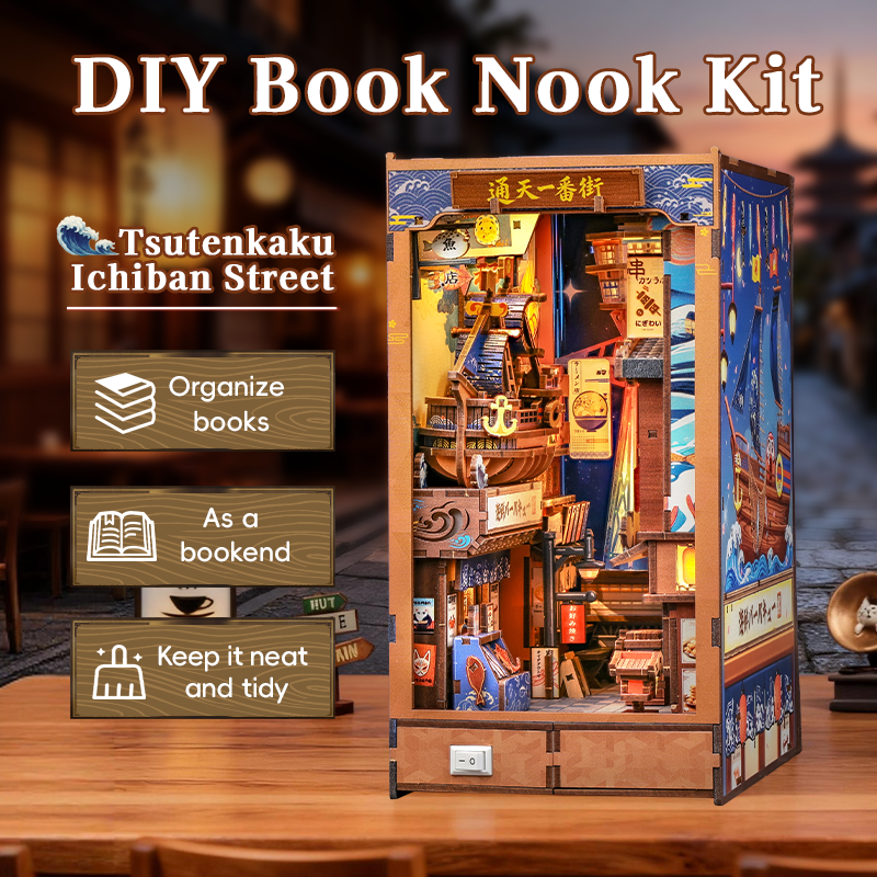 CuteBee - Book Nook - Modelbouwpakket - Houten 3D Puzzel - DIY Bouwpakket Volwassenen - Boekensteun - Tsutenkaku Ichiban Street BJAA403 - Afbeelding 10