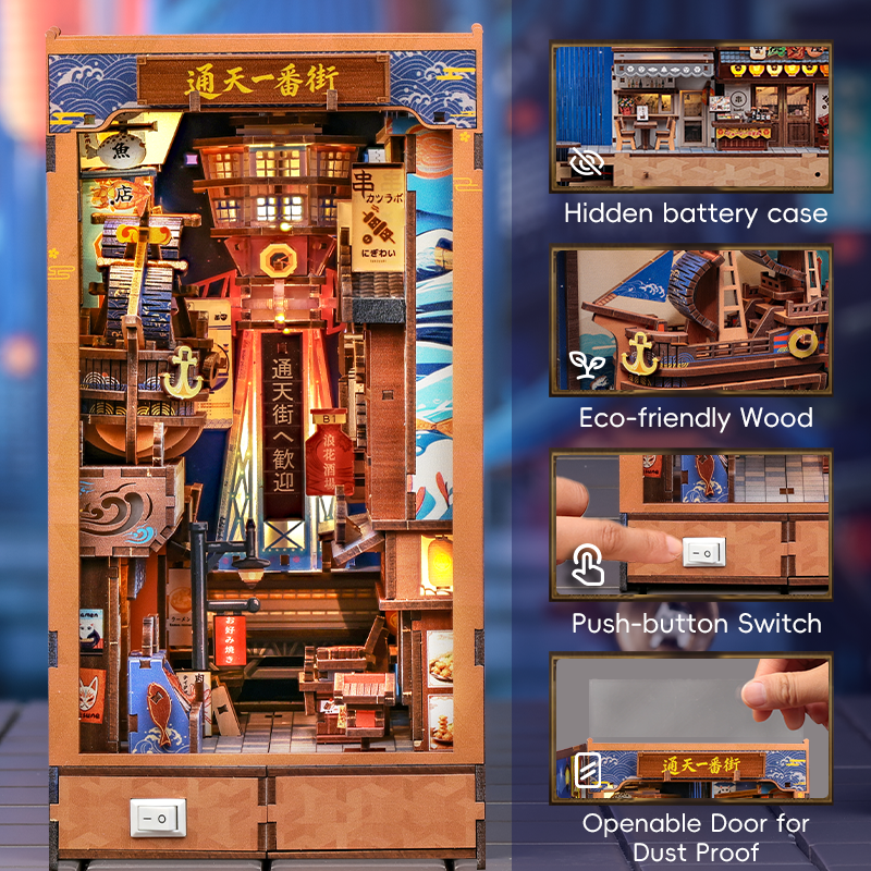 CuteBee - Book Nook - Modelbouwpakket - Houten 3D Puzzel - DIY Bouwpakket Volwassenen - Boekensteun - Tsutenkaku Ichiban Street BJAA403 - Afbeelding 11