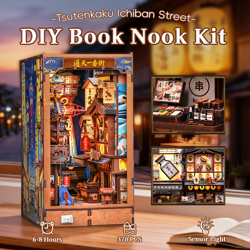 CuteBee - Book Nook - Modelbouwpakket - Houten 3D Puzzel - DIY Bouwpakket Volwassenen - Boekensteun - Tsutenkaku Ichiban Street BJAA403 - Afbeelding 12