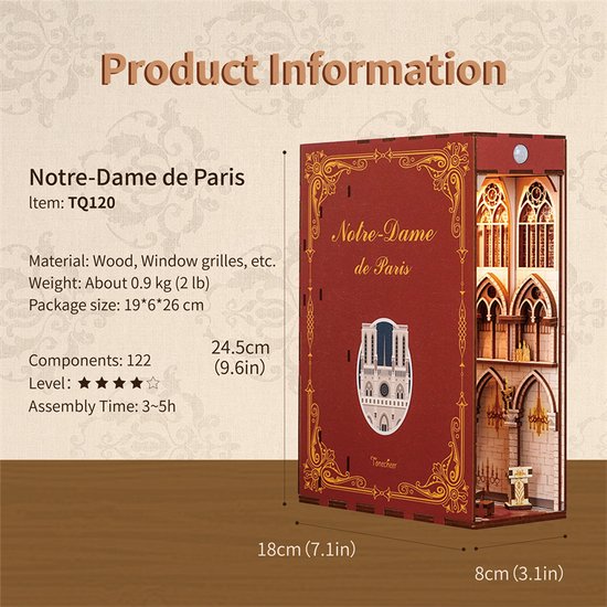 Tonecheer - DIY Miniatuur Houten Book Nook Bouwpakket - met Bewegingssensor Licht - TQ120 - Notre Dame de Paris - Afbeelding 5