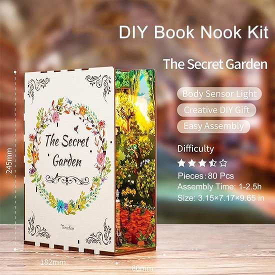 Tonecheer - DIY Miniatuur Houten Book Nook Bouwpakket - met Bewegingssensor Licht - TQ122 - The Secret Garden - Afbeelding 7
