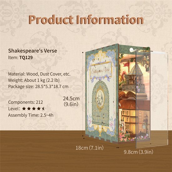 Tonecheer - DIY Miniatuur Houten Book Nook Bouwpakket - met Bewegingssensor Licht - TQ129 - Shakespaer's Verse - Afbeelding 8