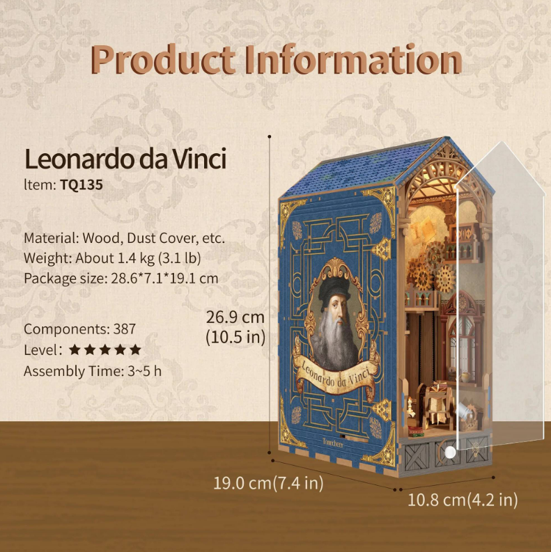 Tonecheer - DIY Miniatuur Houten Book Nook Bouwpakket - met Bewegingssensor Licht - TQ135 - Leonardo da Vinci - Afbeelding 8