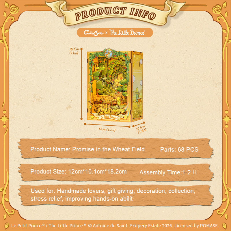 CuteBee x The Little Prince – Book Nook - Modelbouwpakket - Houten 3D Puzzel - DIY Bouwpakket Volwassenen - Boekensteun - Promise in the Wheat Field - LPAA201 - Afbeelding 8